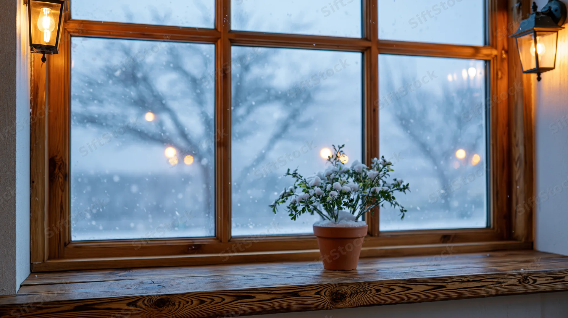 Potted plant on wooden windowsill with snow falling outside at twilight
