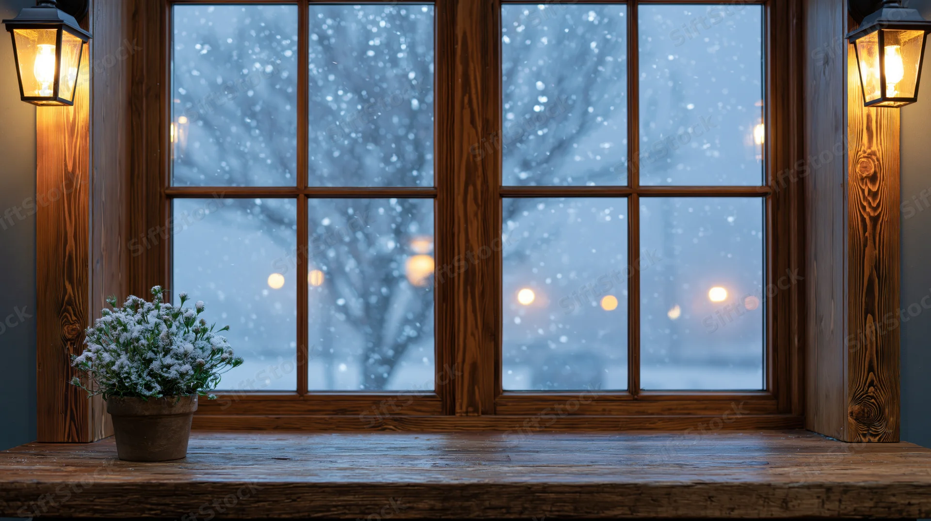 Snowy winter scene viewed through rustic wooden window with potted plant on sill and glowing lanterns on either side