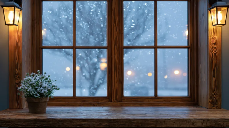 Snowy winter scene viewed through rustic wooden window with potted plant on sill and glowing lanterns on either side