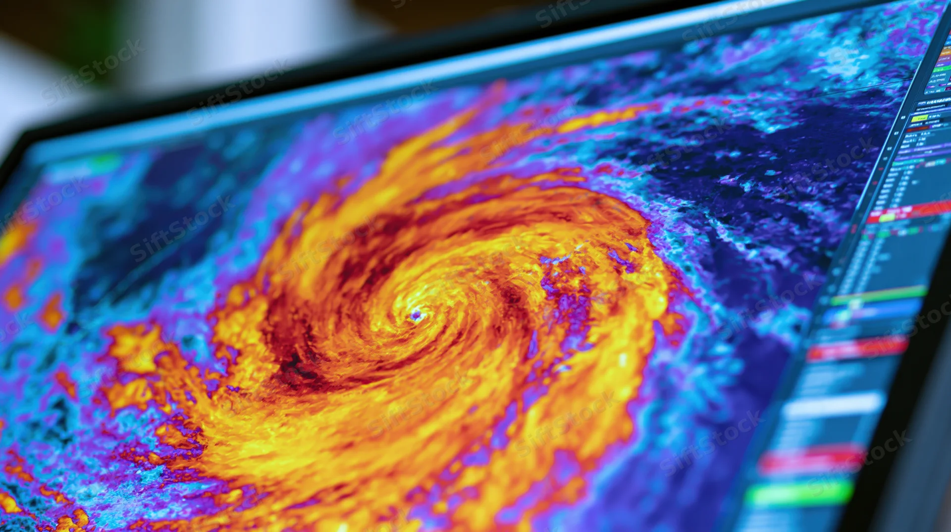 Satellite radar imagery of a tropical cyclone displayed on a computer monitor screen