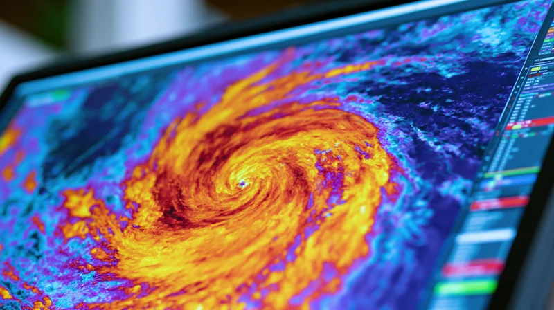 Satellite radar imagery of a tropical cyclone displayed on a computer monitor screen