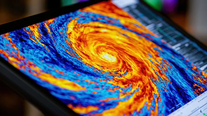 Satellite radar imagery of a tropical cyclone displayed on a computer screen