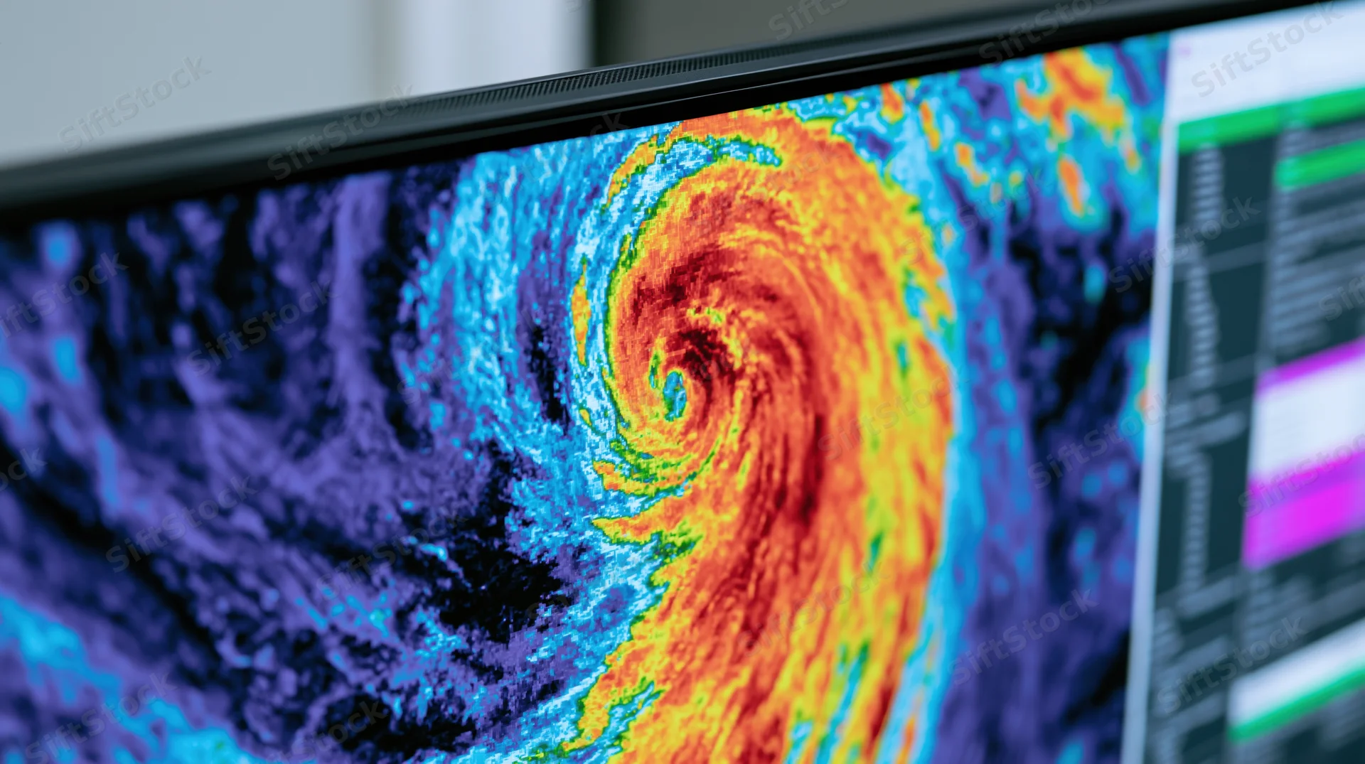 Satellite radar imagery of a tropical cyclone displayed on a computer monitor screen