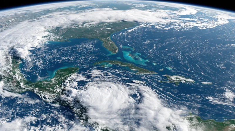 Satellite view of earth showing north america and caribbean with hurricane over ocean