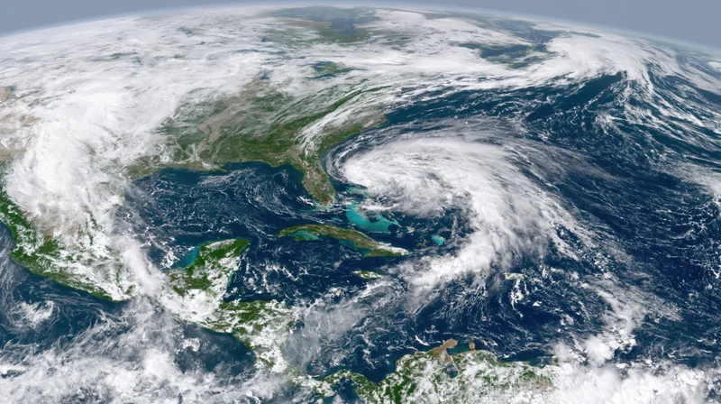 Satellite view of earth showing north america and caribbean with hurricane over ocean