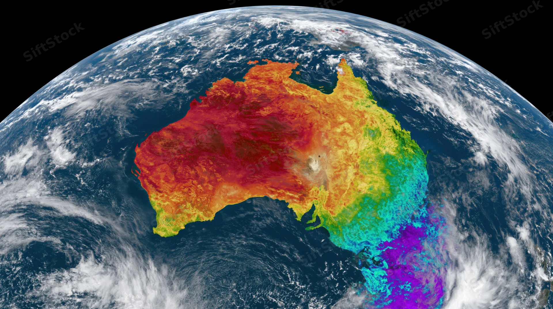 Satellite view of australia with thermal weather map overlay showing temperature variations across the continent