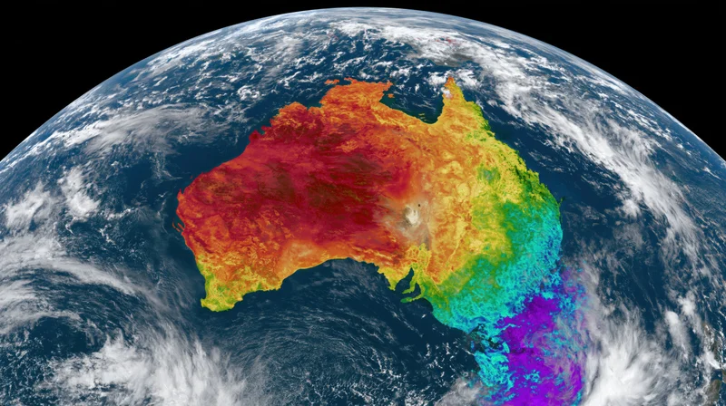 Satellite view of australia with thermal weather map overlay showing temperature variations across the continent