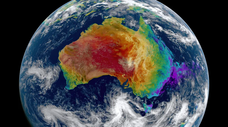 Satellite view of australia on a weather map showing temperature variations across the continent