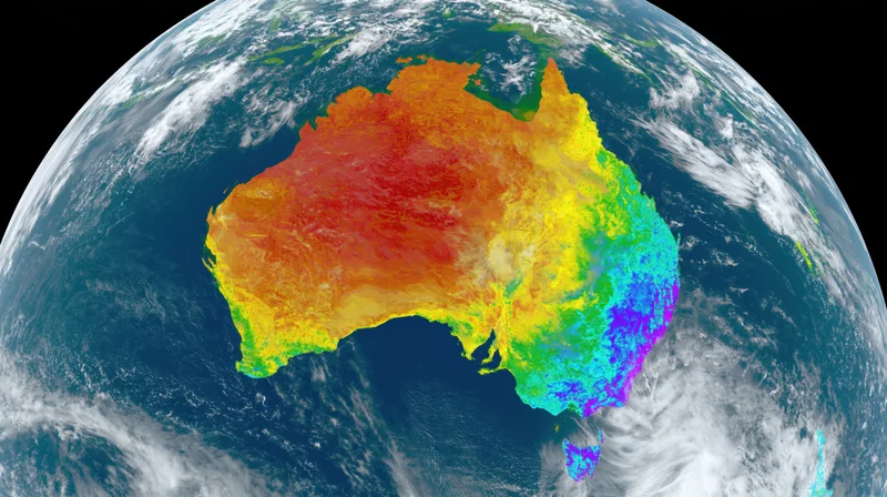 Satellite view of australia with thermal weather map overlay showing temperature variations across the continent