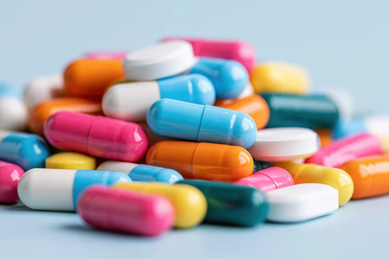 Scattered colorful pills and capsules piled on a light blue surface