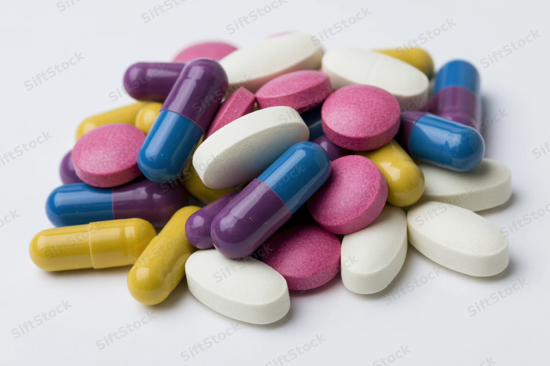 Scattered prescription pills and capsules on white background