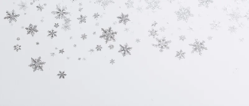 Scattered silver snowflakes drifting across a white background with copyspace