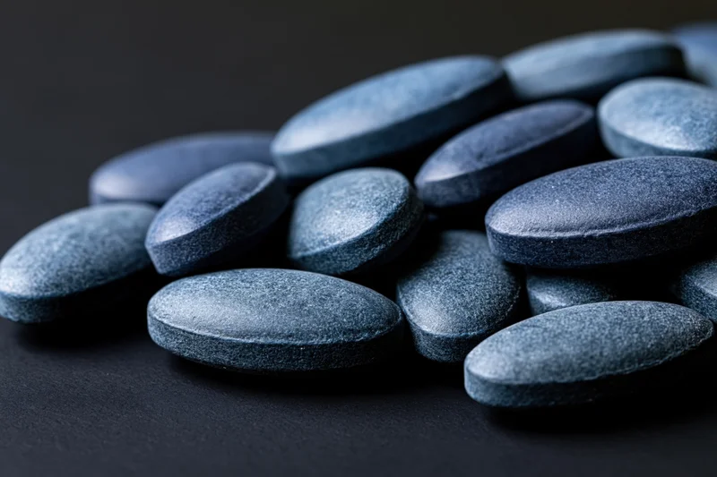 Scattered oval blue pharmaceutical tablets on dark surface