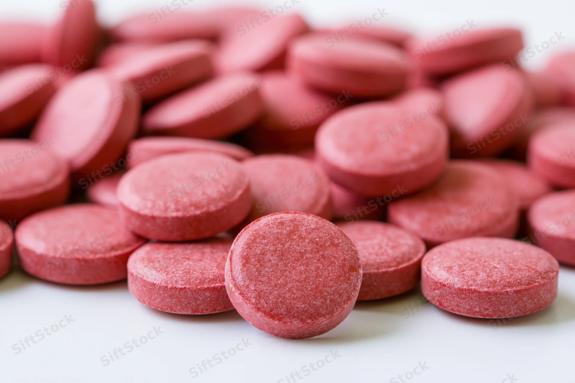 Scattered red coated tablets on white surface