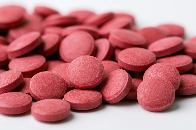 Scattered red coated tablets on white surface