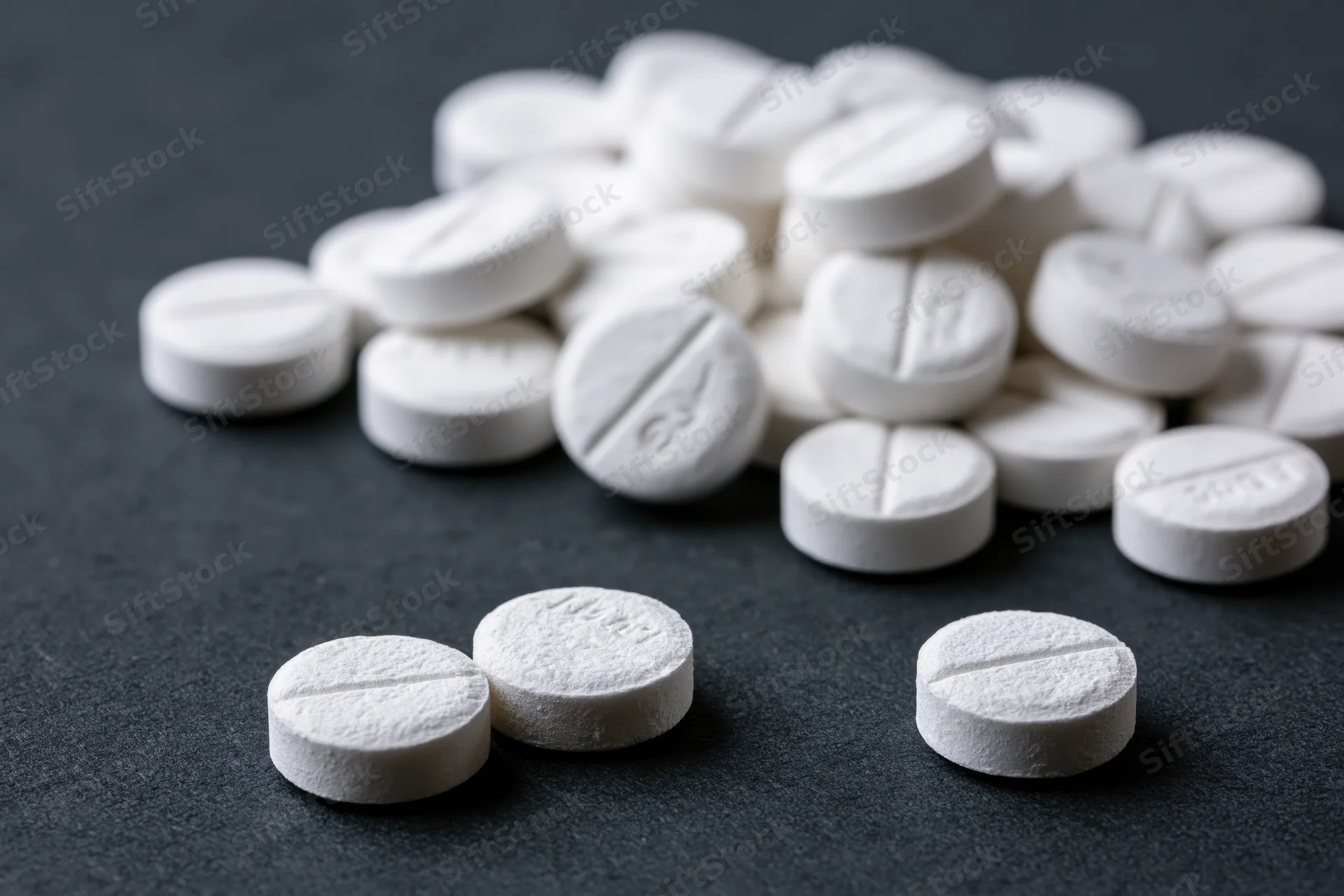 Scattered white scored tablets on dark surface
