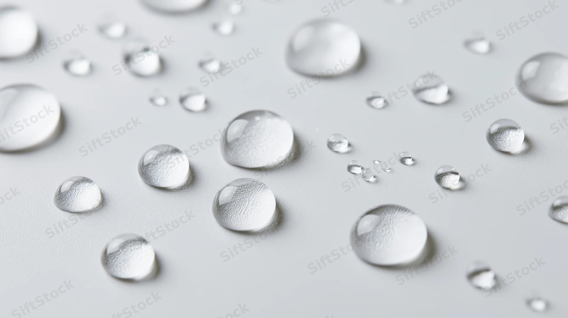 Water droplets scattered across a smooth white surface in closeup view