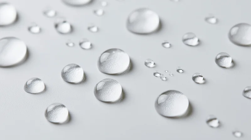 Water droplets scattered across a smooth white surface in closeup view