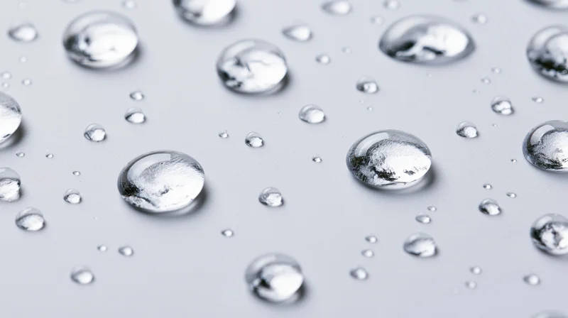 Water droplets scattered across a smooth white surface in closeup view