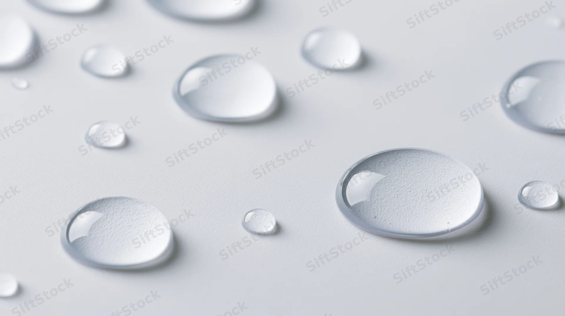 Water droplets scattered on a smooth white surface