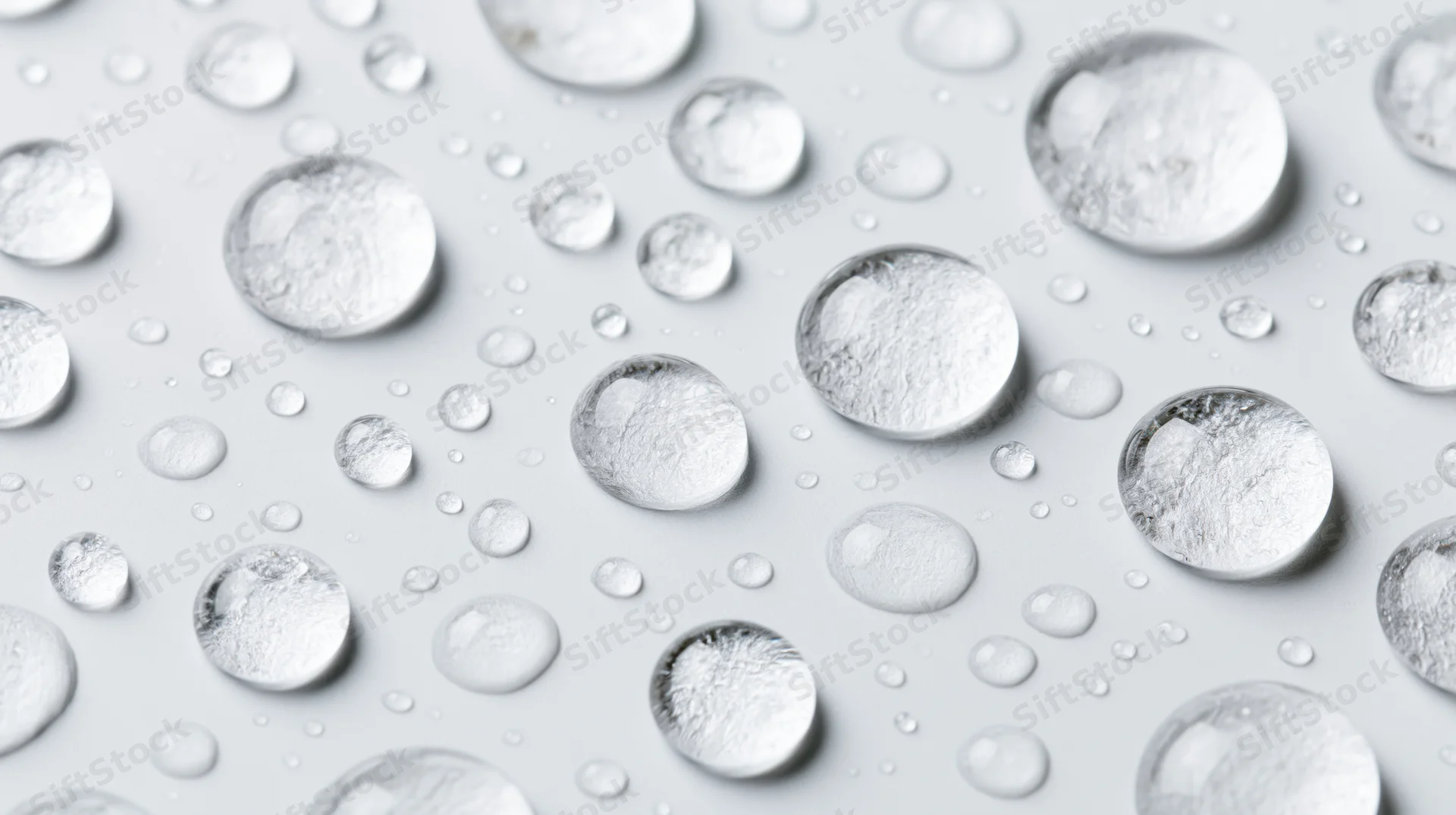 Water droplets of varying sizes scattered across a smooth white surface