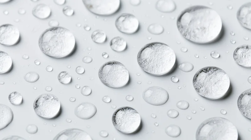Water droplets of varying sizes scattered across a smooth white surface
