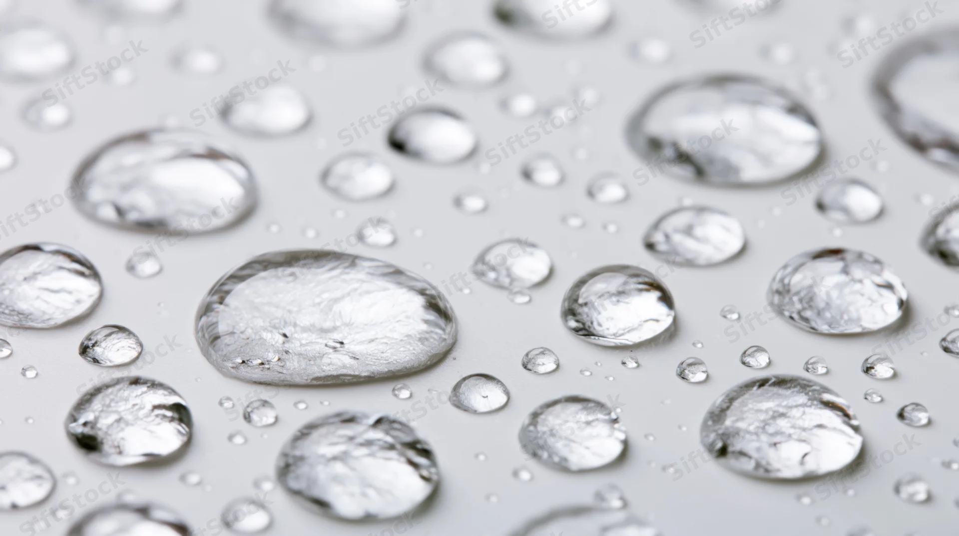 Water droplets of varying sizes scattered across a smooth white surface