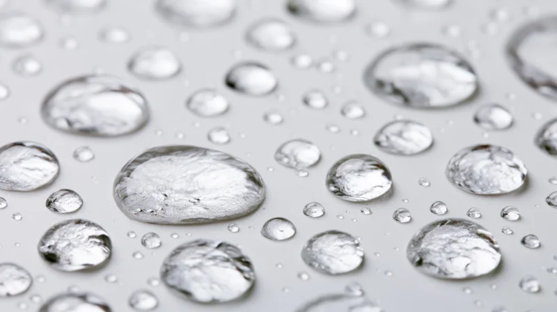 Water droplets of varying sizes scattered across a smooth white surface