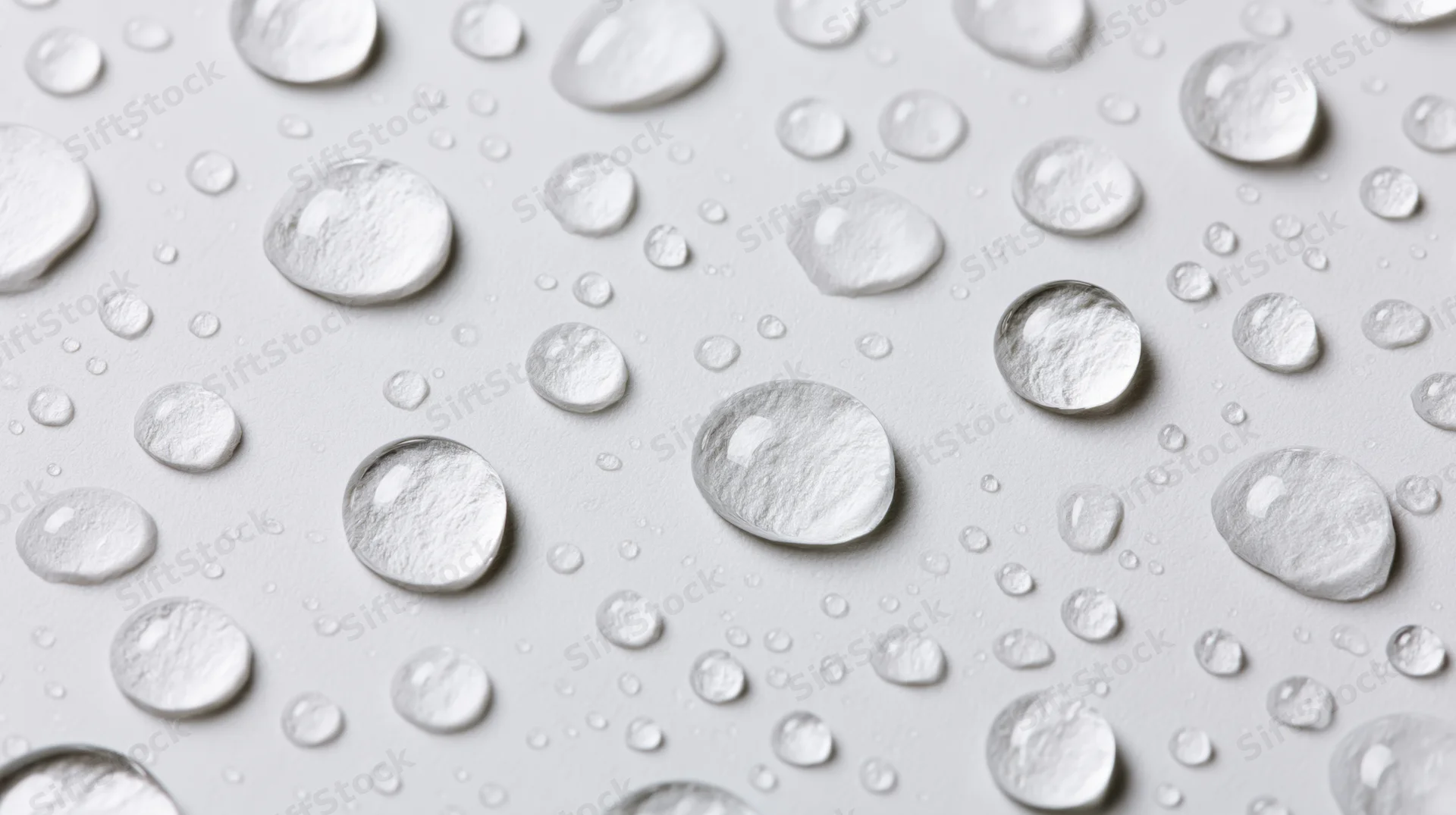Water droplets of varying sizes scattered across a smooth white surface in closeup view