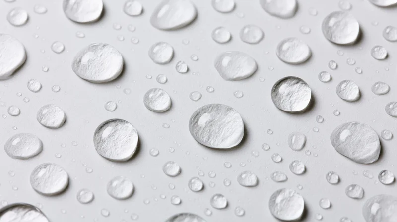 Water droplets of varying sizes scattered across a smooth white surface in closeup view