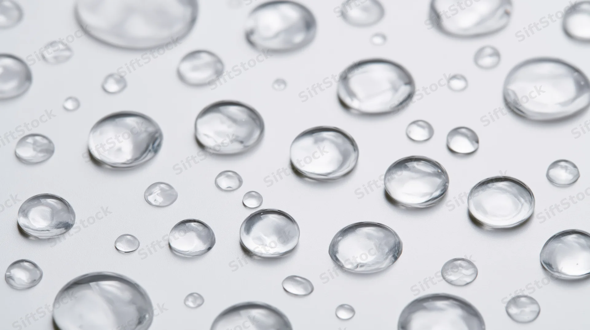 Water droplets of varying sizes scattered on a white surface in closeup view