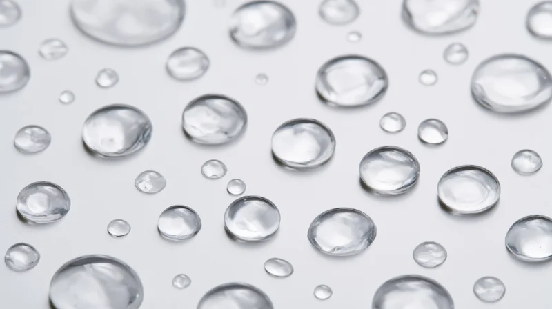 Water droplets of varying sizes scattered on a white surface in closeup view
