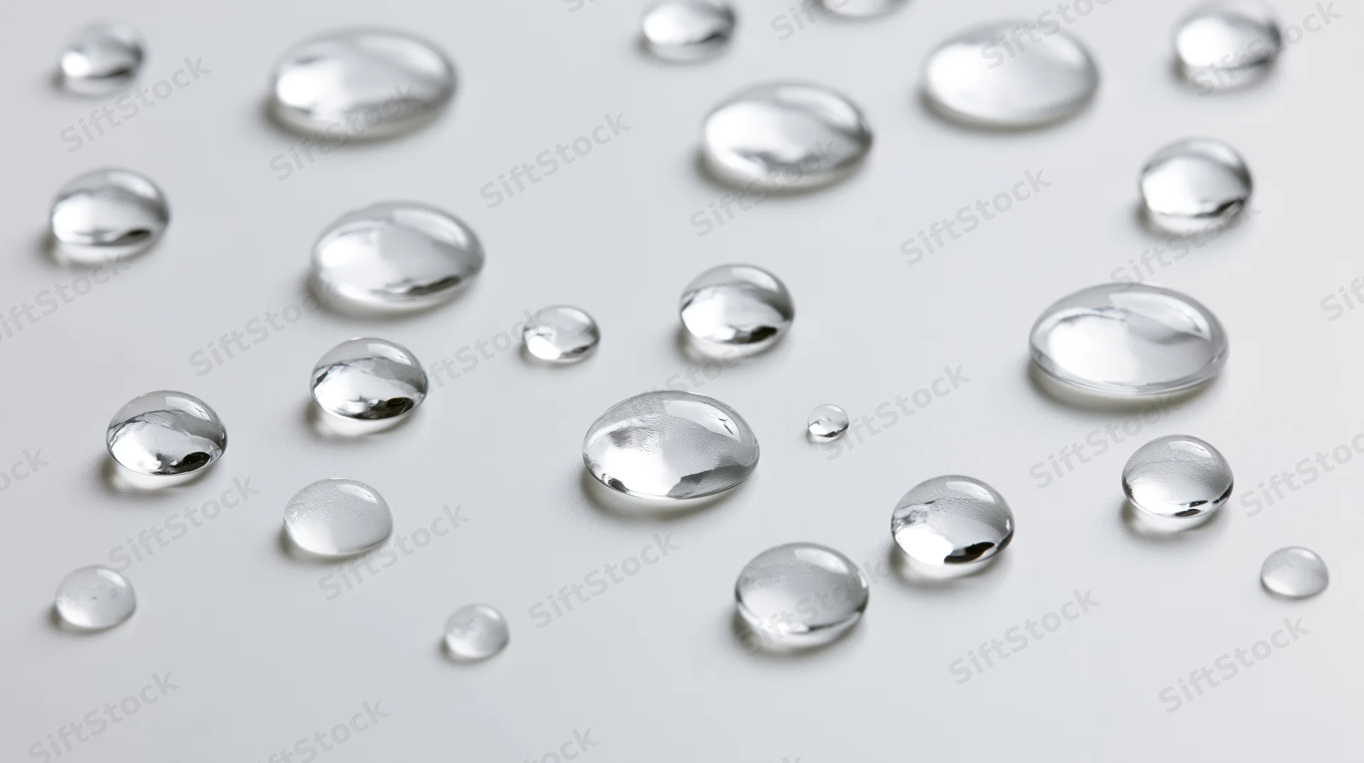 Scattered water droplets of varying sizes on a smooth white surface