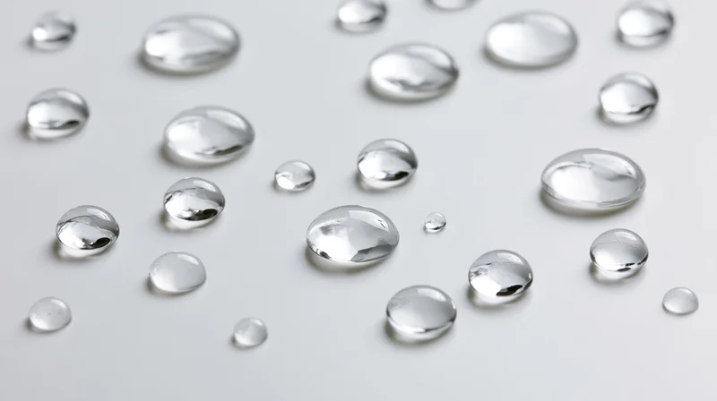 Scattered water droplets of varying sizes on a smooth white surface