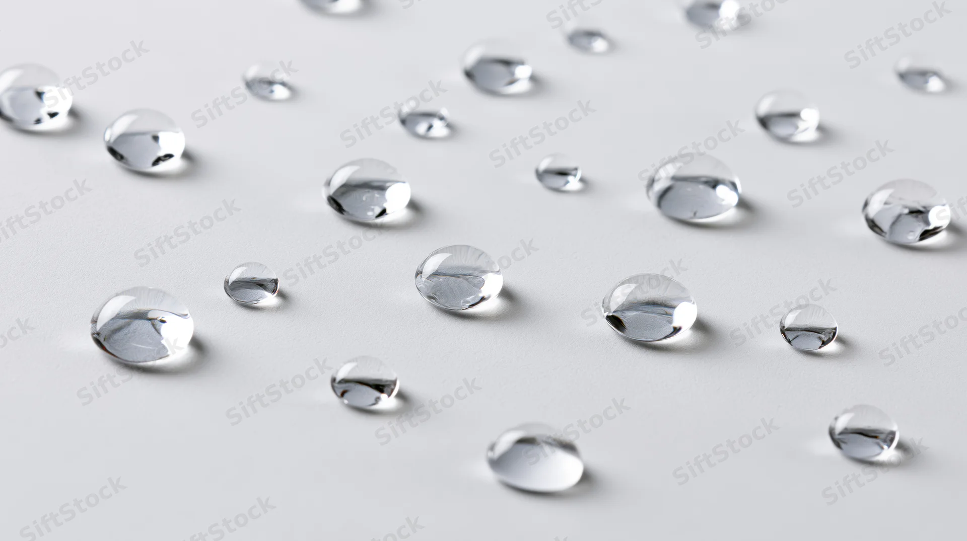 Scattered water droplets of varying sizes on a smooth white surface