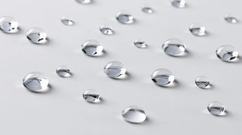 Scattered water droplets of varying sizes on a smooth white surface