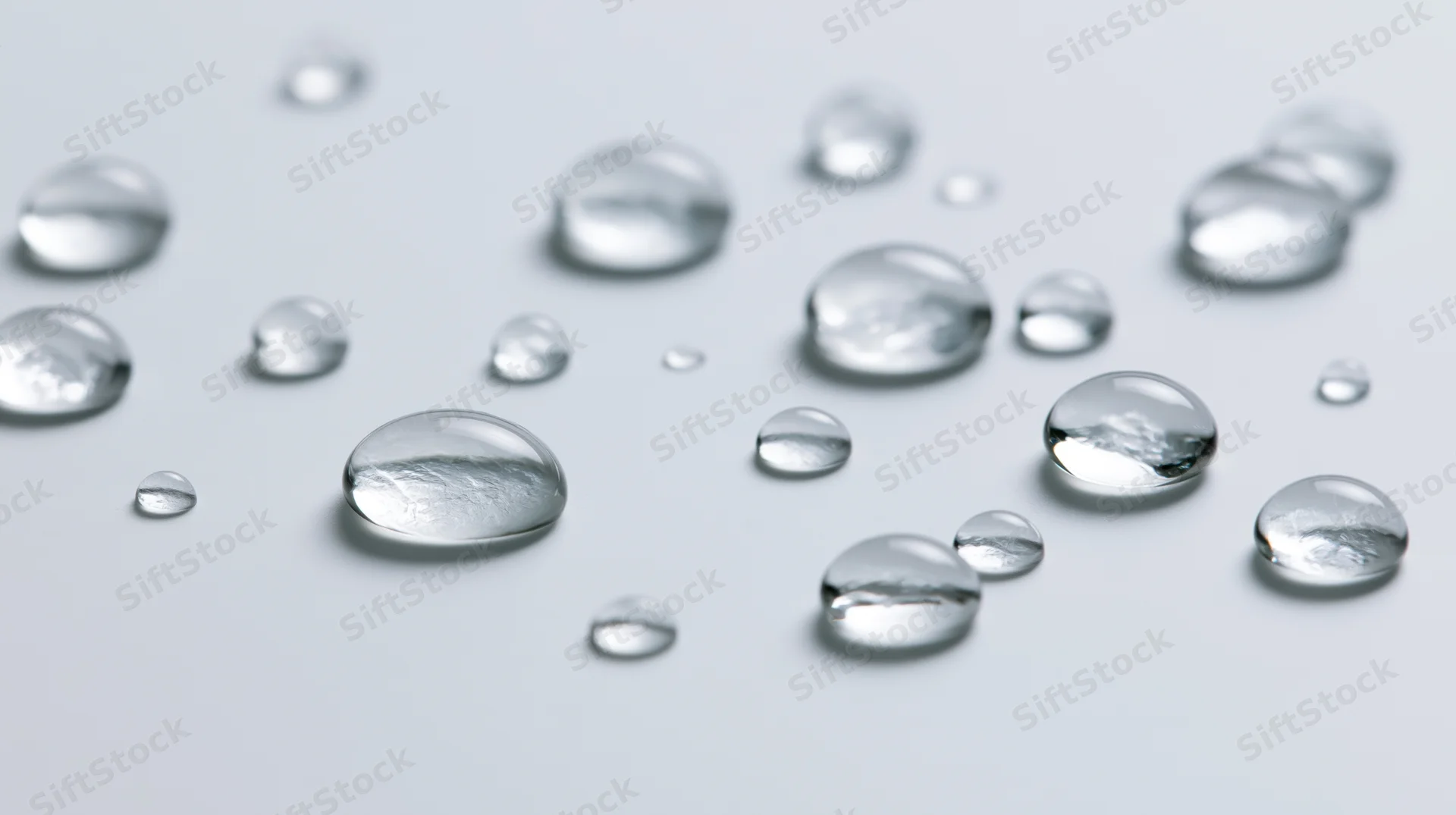 Scattered water droplets of varying sizes on a smooth white surface