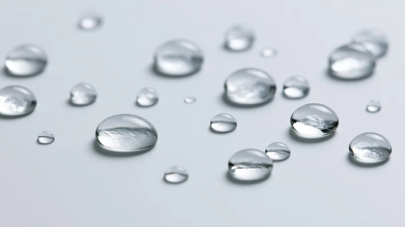 Scattered water droplets of varying sizes on a smooth white surface