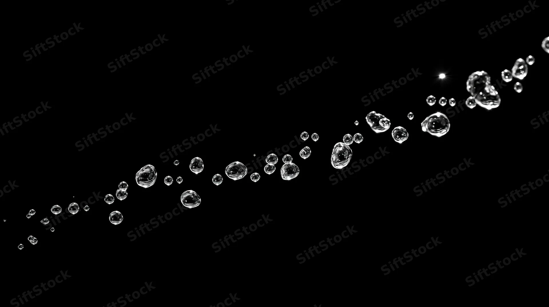Water droplets suspended midair against a black background