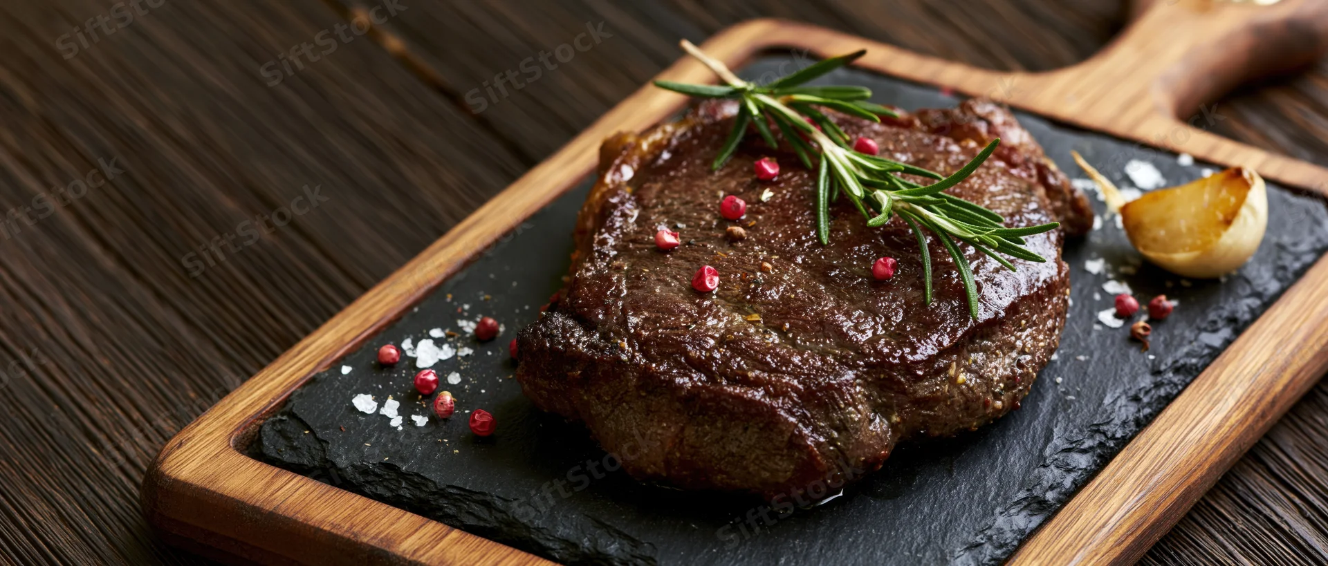 Seared beef steak on dark slate board with rosemary and garlic, served on wooden tray