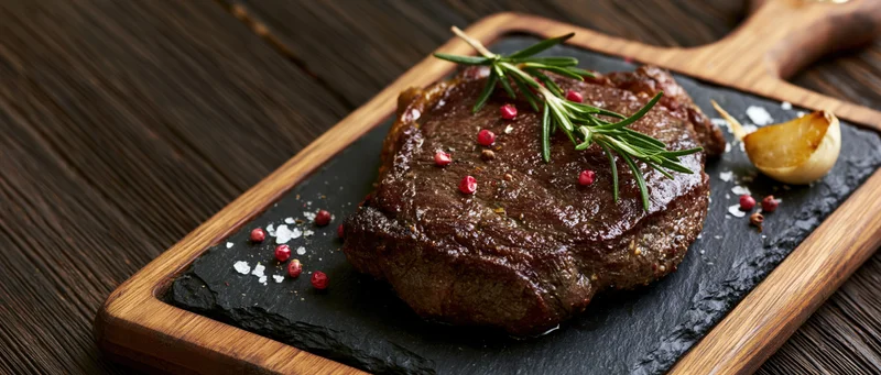 Seared beef steak on dark slate board with rosemary and garlic, served on wooden tray
