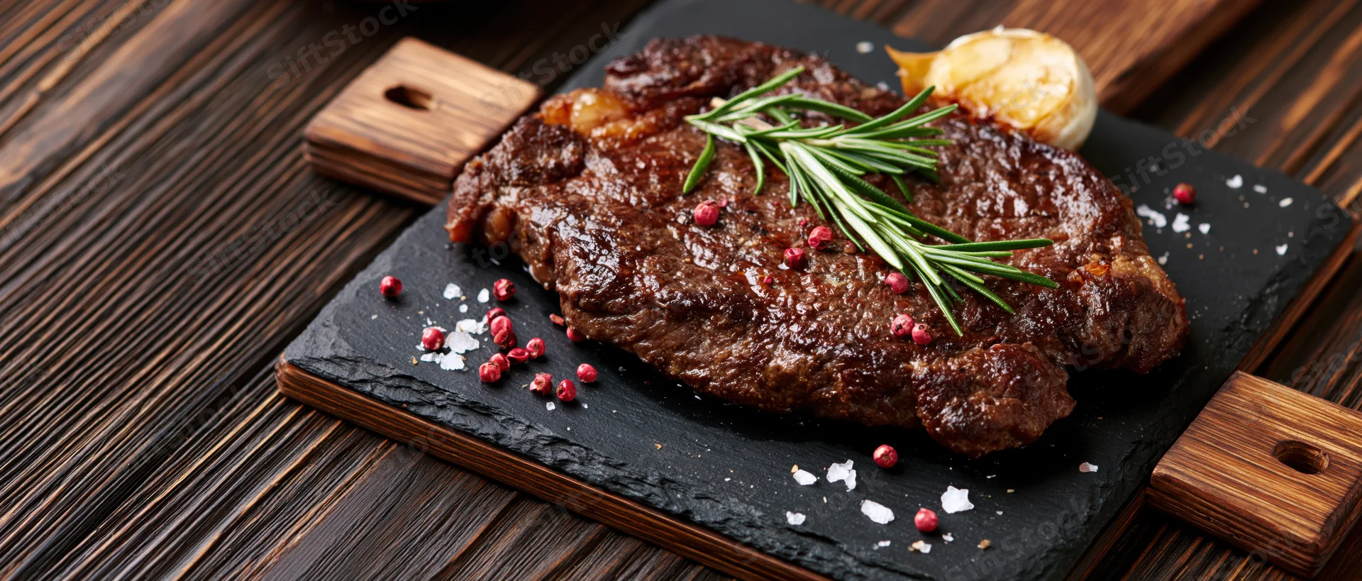 Seared beef steak on a dark slate board with rosemary and peppercorns, resting on a wooden table