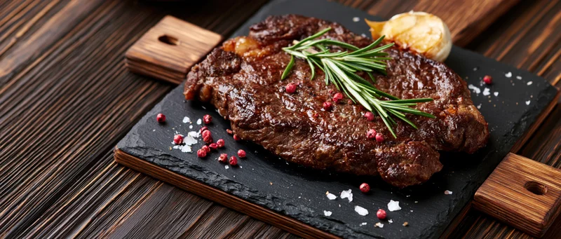 Seared beef steak on a dark slate board with rosemary and peppercorns, resting on a wooden table