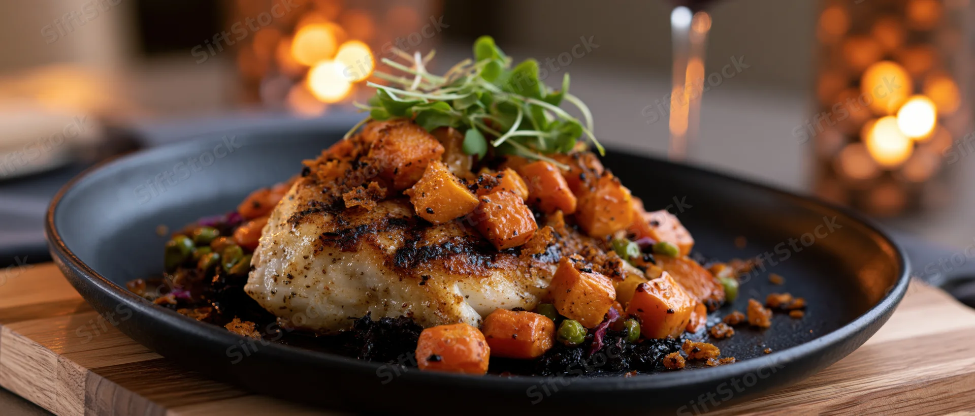Seared fish fillet topped with roasted root vegetables and microgreens on a black plate set on a wooden board with warm candlelight in the background