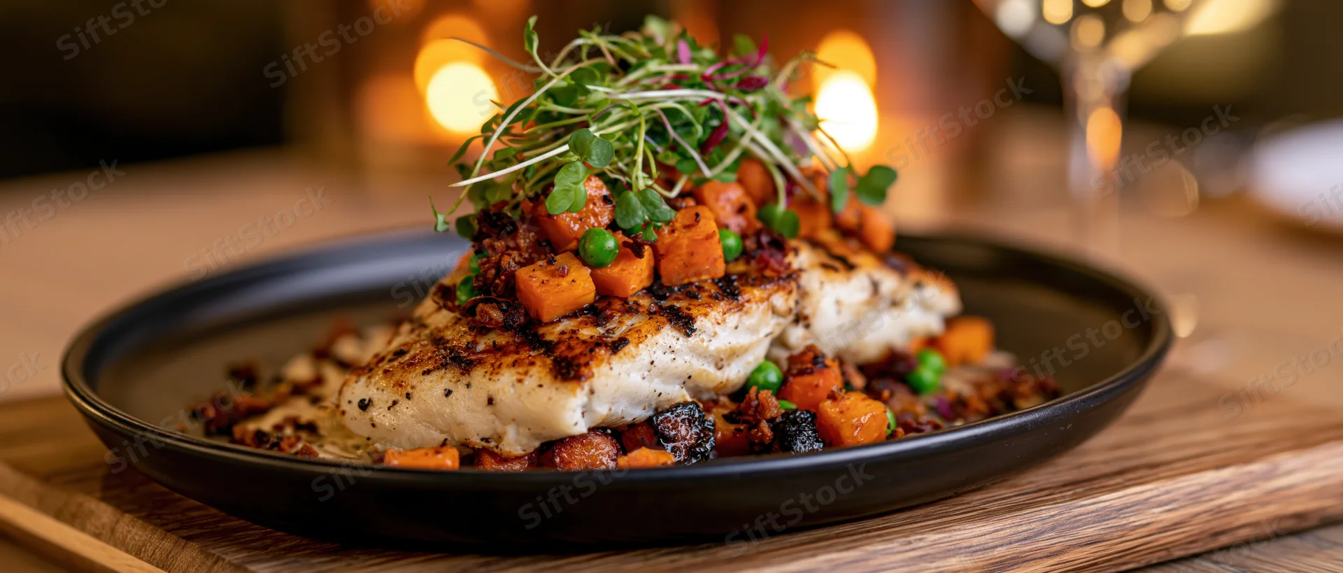 Seared fish fillet topped with roasted root vegetables and microgreens on a black plate set on a wooden board in a warmly lit dining setting