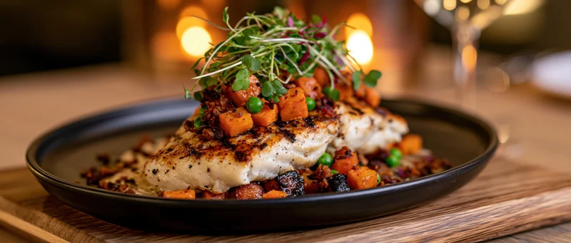 Seared fish fillet topped with roasted root vegetables and microgreens on a black plate set on a wooden board in a warmly lit dining setting