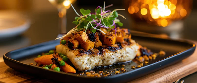 Seared fish fillet topped with roasted root vegetables and microgreens on a black plate set on a wooden tray in a warmly lit dining setting