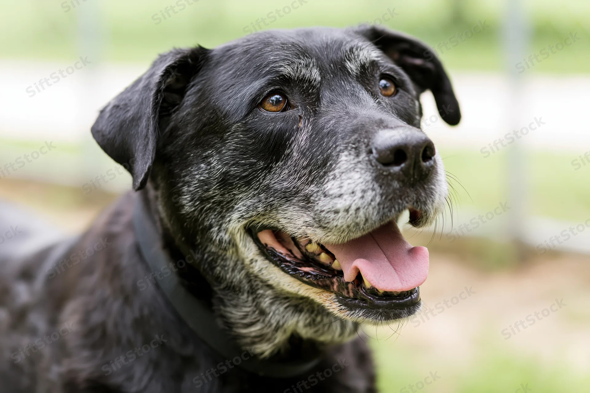 Senior mixedbreed dog with open mouth and grey muzzle in outdoor setting