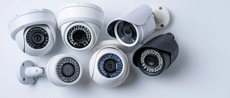 Seven assorted cctv security cameras of various types dome and bullet style arranged on white surface