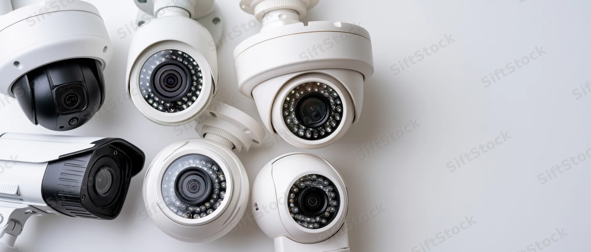 Multiple security cameras arranged on a white surface
